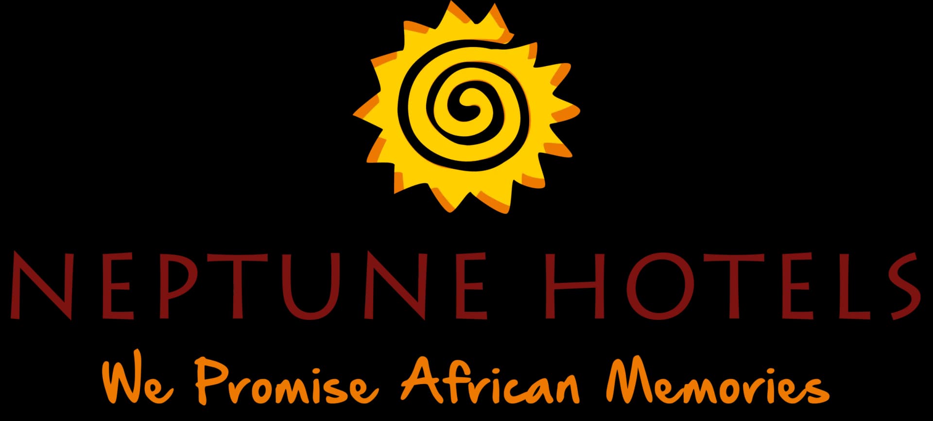 Neptune Hotels logo with a stylized yellow sun and the slogan We Promise African Memories on black